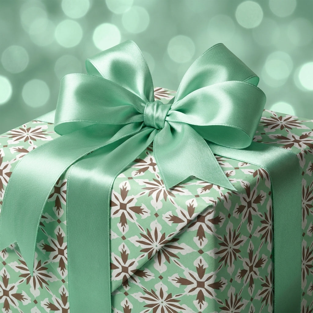 Luxury mint green wrapping paper with retro floral pattern and satin bow by Wrapped Studios.