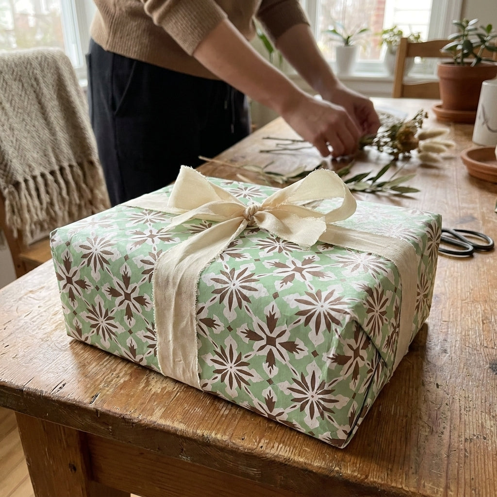 Green floral wrapping paper with a cream ribbon bow by Wrapped Studios, styled on a rustic wooden table.