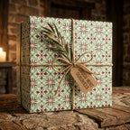 Vintage mint green and brown tile wrapping paper by Wrapped Studios on a rustic gift box with twine.