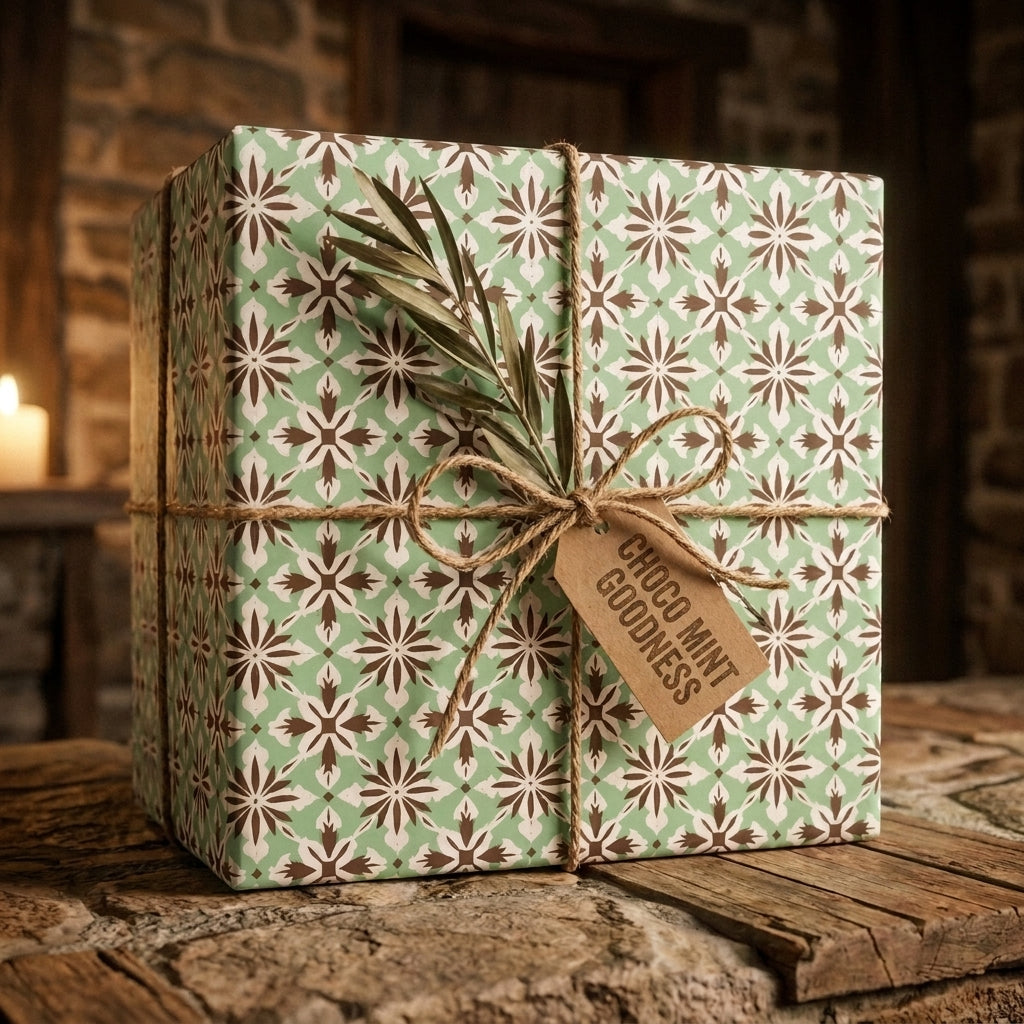 Vintage mint green and brown tile wrapping paper by Wrapped Studios on a rustic gift box with twine.