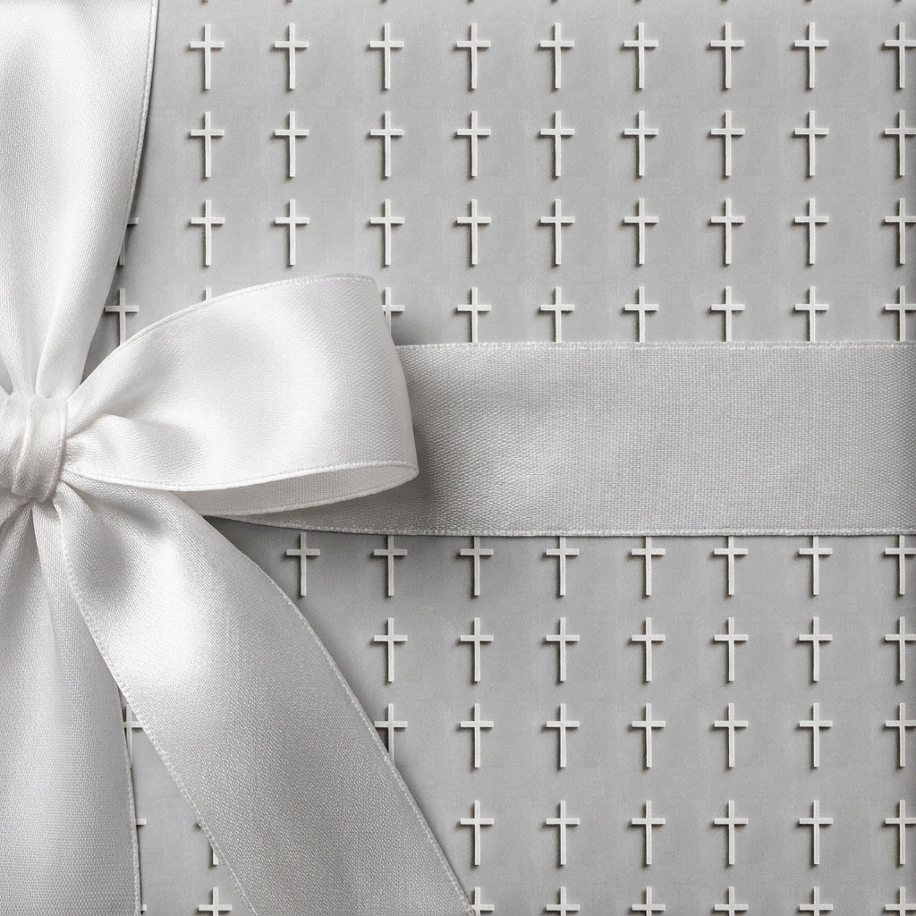 Elegant baptism wrapping paper with a white cross pattern and satin bow by Wrapped Studios.