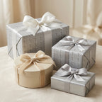 Silver cross baptism wrapping paper on elegant religious gift boxes by Wrapped Studios.