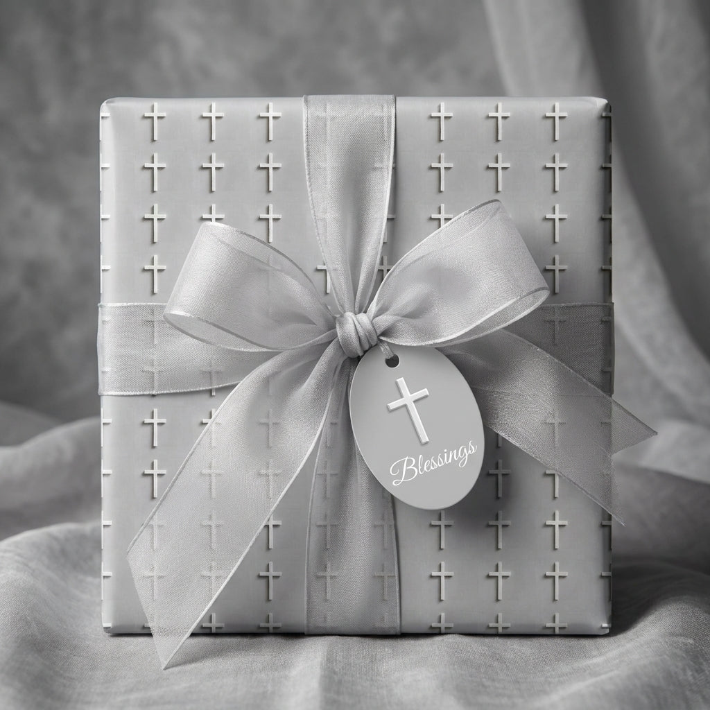 Elegant baptism wrapping paper with crosses, a silver ribbon, and blessings tag by Wrapped Studios.