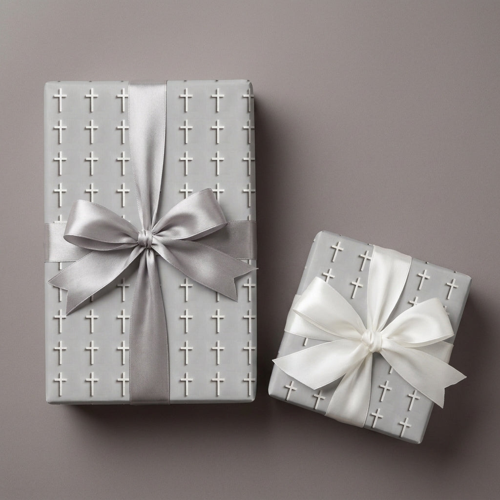 Elegant christian cross wrapping paper for baptism with satin ribbons by Wrapped Studios.
