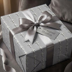 Elegant silver baptism wrapping paper with white crosses and a satin bow by Wrapped Studios.