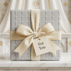 Luxury silver cross baptism wrapping paper with cream velvet bow, by Wrapped Studios.