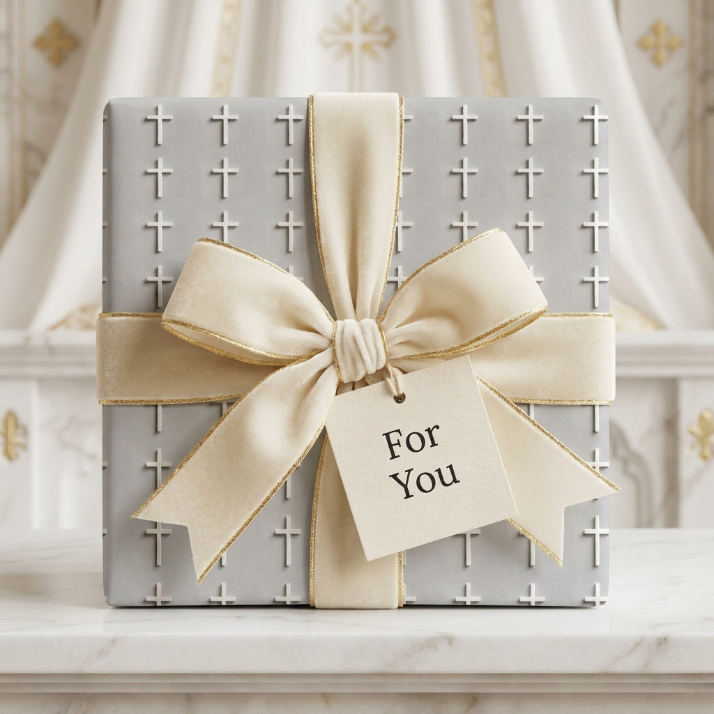 Luxury silver cross baptism wrapping paper with cream velvet bow, by Wrapped Studios.