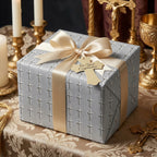 Religious confirmation gift wrap with white cross pattern and gold ribbon by Wrapped Studios.