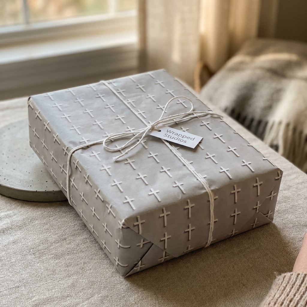 Elegant grey cross wrapping paper with white twine for baptism or first communion, by Wrapped Studios.