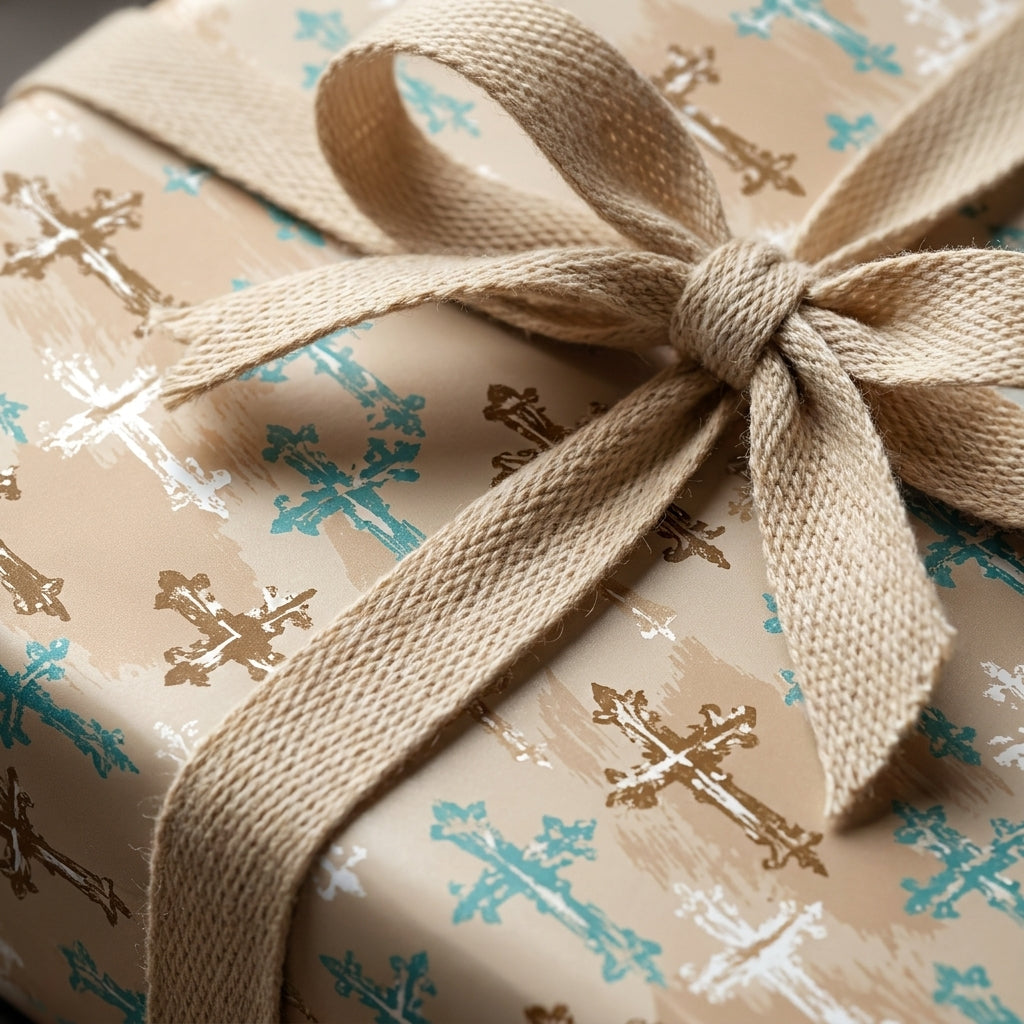 Rustic baptism wrapping paper with teal and gold crosses and a cream woven ribbon bow by Wrapped Studios.
