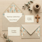 Baptism envelope liner and religious gift wrap with blue and gold crosses by Wrapped Studios.