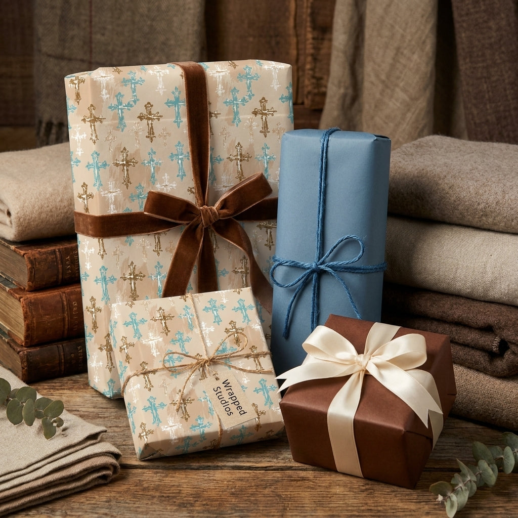 Rustic religious cross wrapping paper for baptism and communion gifts by Wrapped Studios.