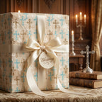 Elegant baptism wrapping paper with cross pattern, satin bow, and Blessings tag by Wrapped Studios.