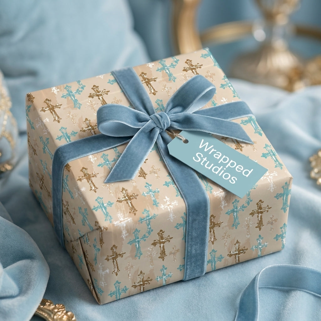 Elegant Christian cross wrapping paper with blue velvet ribbon for baptism gifts by Wrapped Studios.