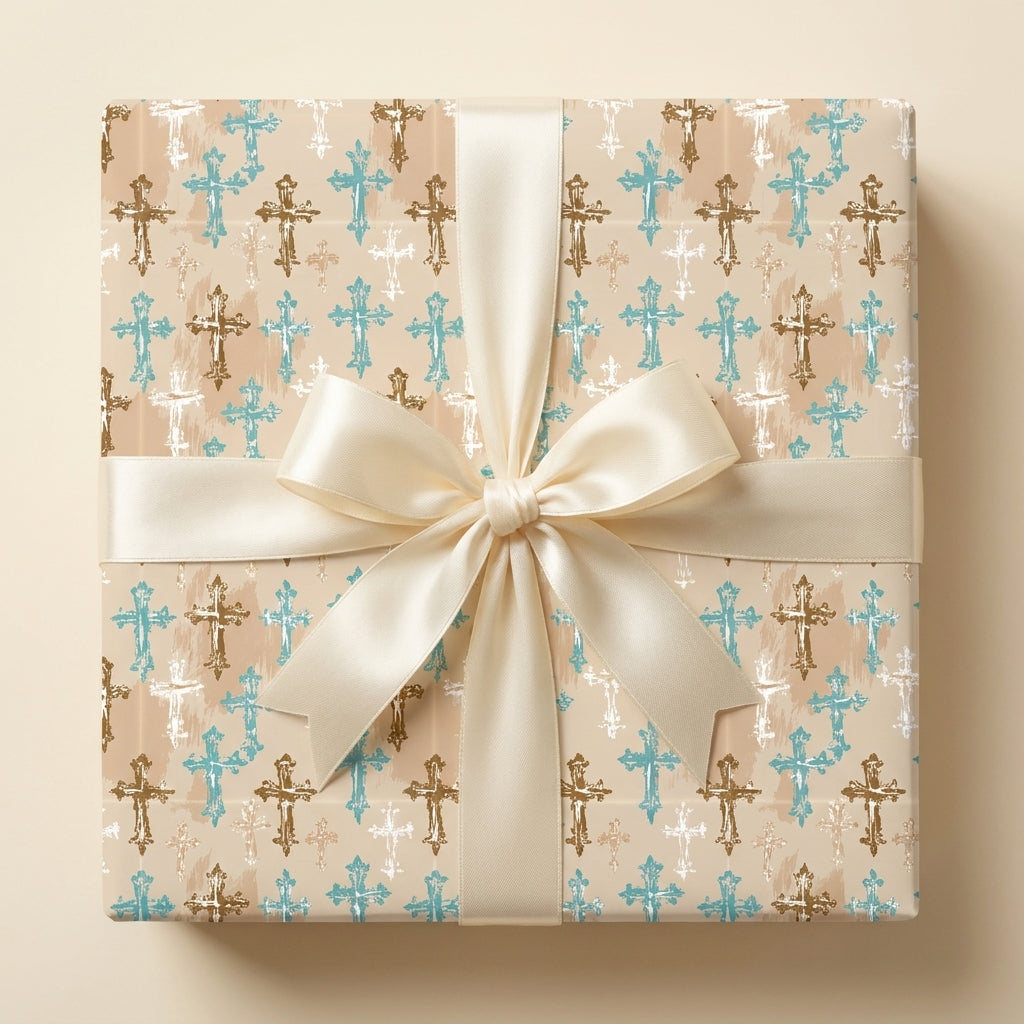 Baptism wrapping paper with blue and brown cross pattern and cream satin bow by Wrapped Studios.