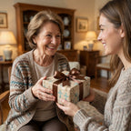 Woman giving a gift in Christian cross wrapping paper with a brown bow by Wrapped Studios.