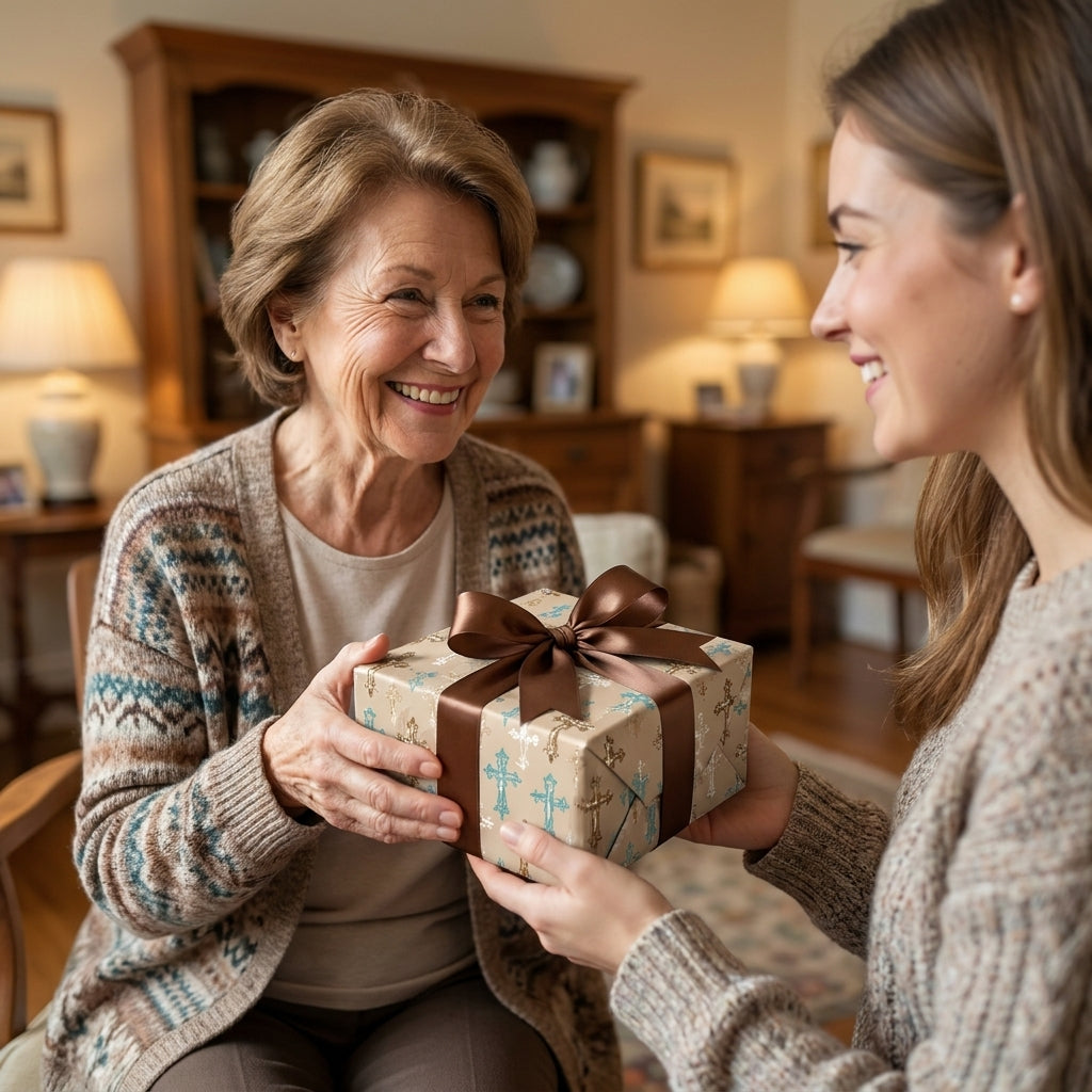 Woman giving a gift in Christian cross wrapping paper with a brown bow by Wrapped Studios.