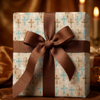 Elegant teal and gold Christian cross wrapping paper with a brown bow, by Wrapped Studios.