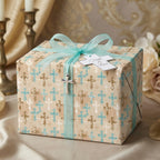 Elegant baptism wrapping paper with blue and gold crosses by Wrapped Studios, ideal for christenings.