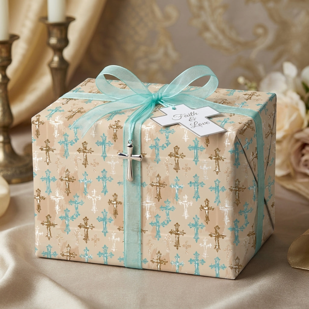 Elegant baptism wrapping paper with blue and gold crosses by Wrapped Studios, ideal for christenings.