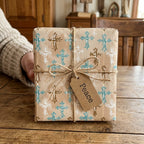 Rustic Christian cross wrapping paper with twine and a Peace gift tag by Wrapped Studios.