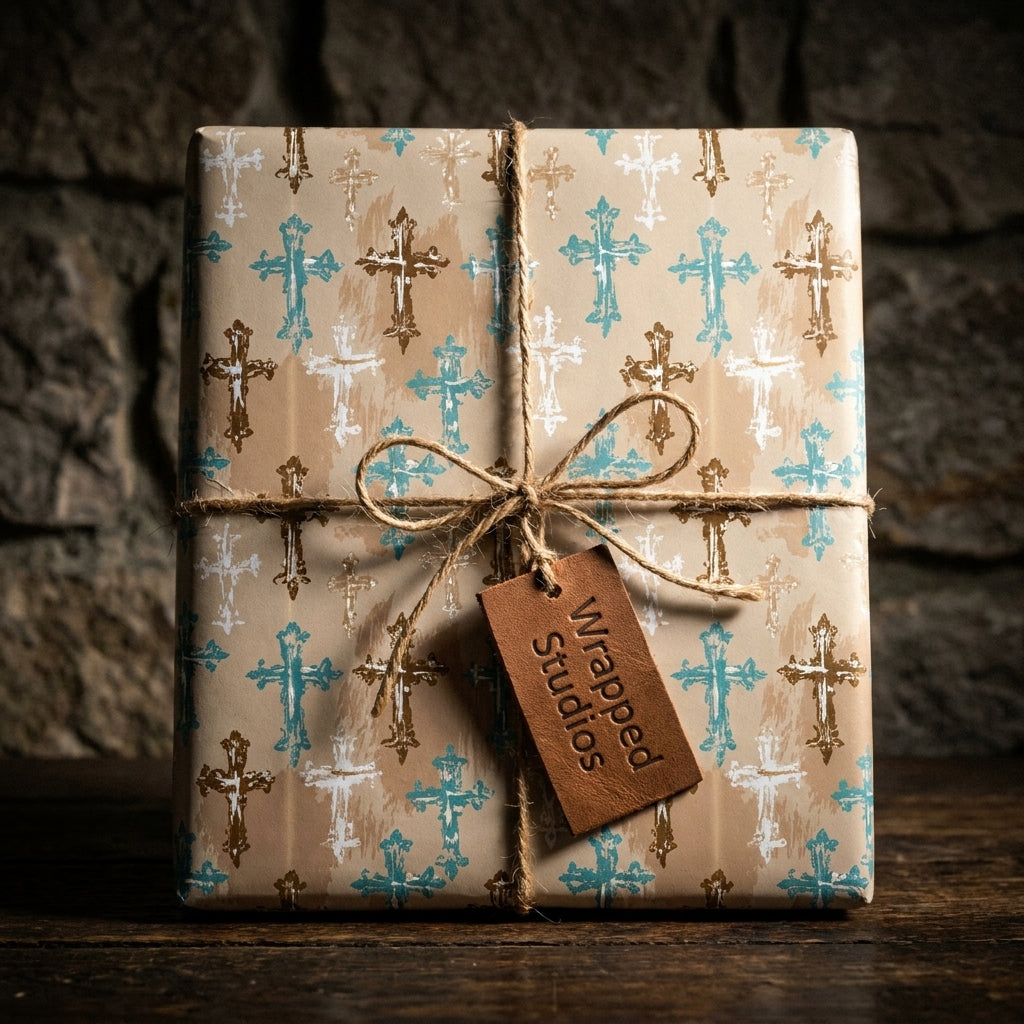 Rustic religious wrapping paper with cross pattern and twine bow, by Wrapped Studios for baptism gifts.