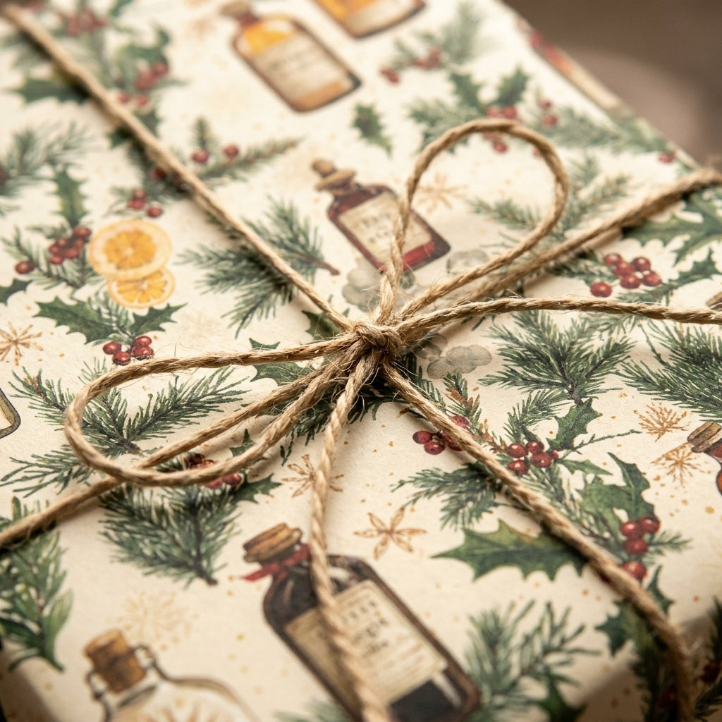 Vintage Christmas gift wrap with apothecary and pine pattern, tied with rustic twine by Wrapped Studios.