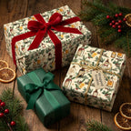 Vintage botanical Christmas wrapping paper with red velvet ribbon by Wrapped Studios.