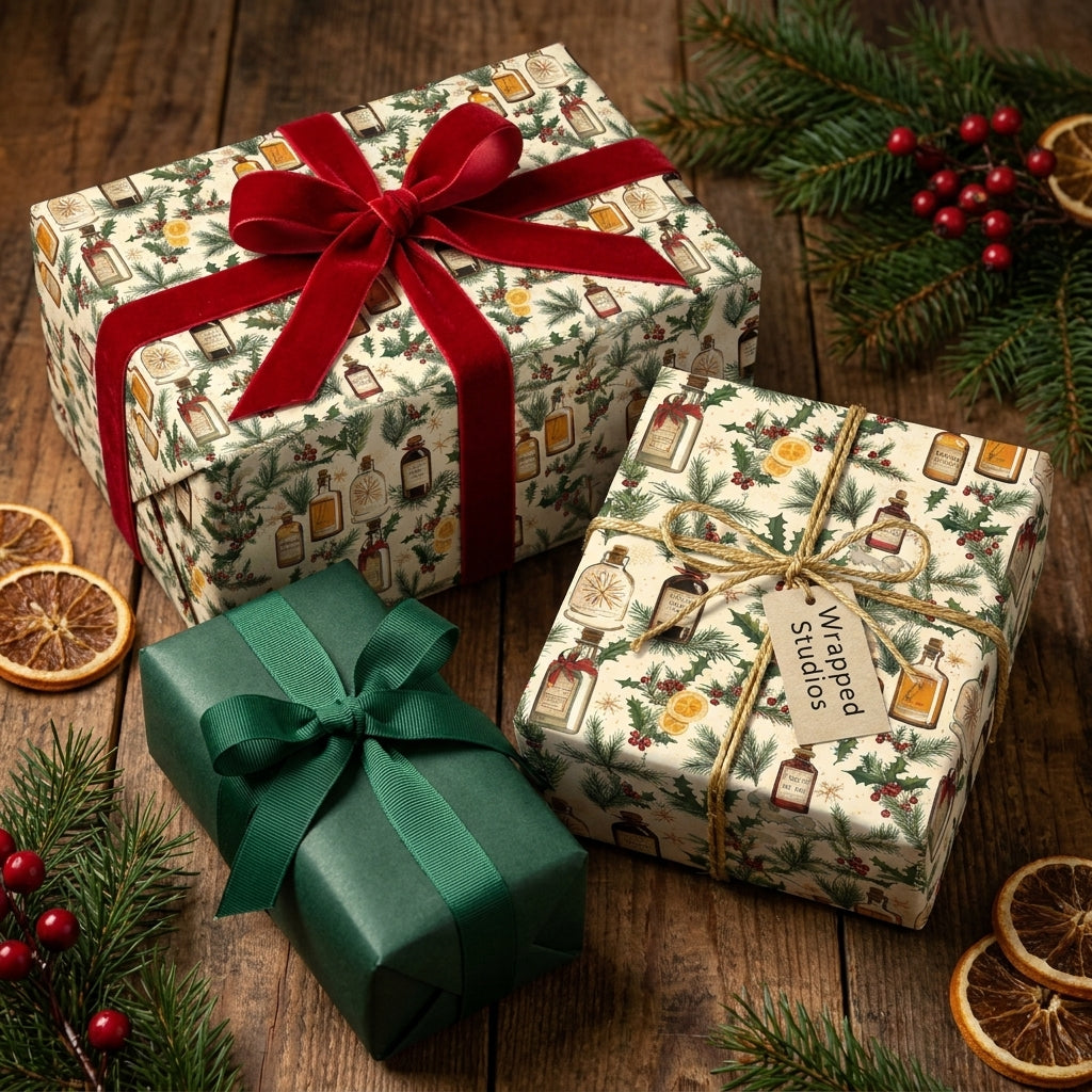 Vintage botanical Christmas wrapping paper with red velvet ribbon by Wrapped Studios.