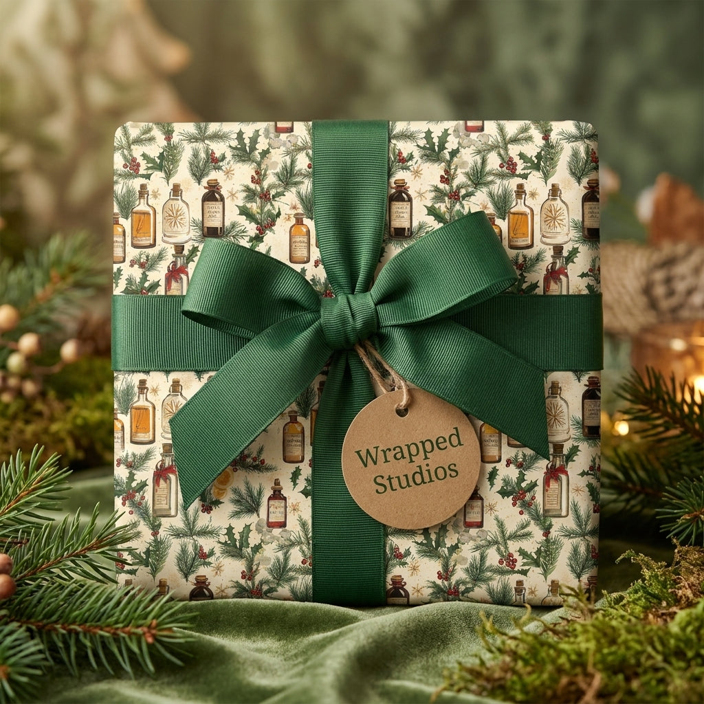 Vintage apothecary Christmas wrapping paper with green ribbon by Wrapped Studios.