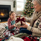 Grandmother giving girl a Christmas gift in vintage floral wrapping paper with velvet bow by Wrapped Studios.