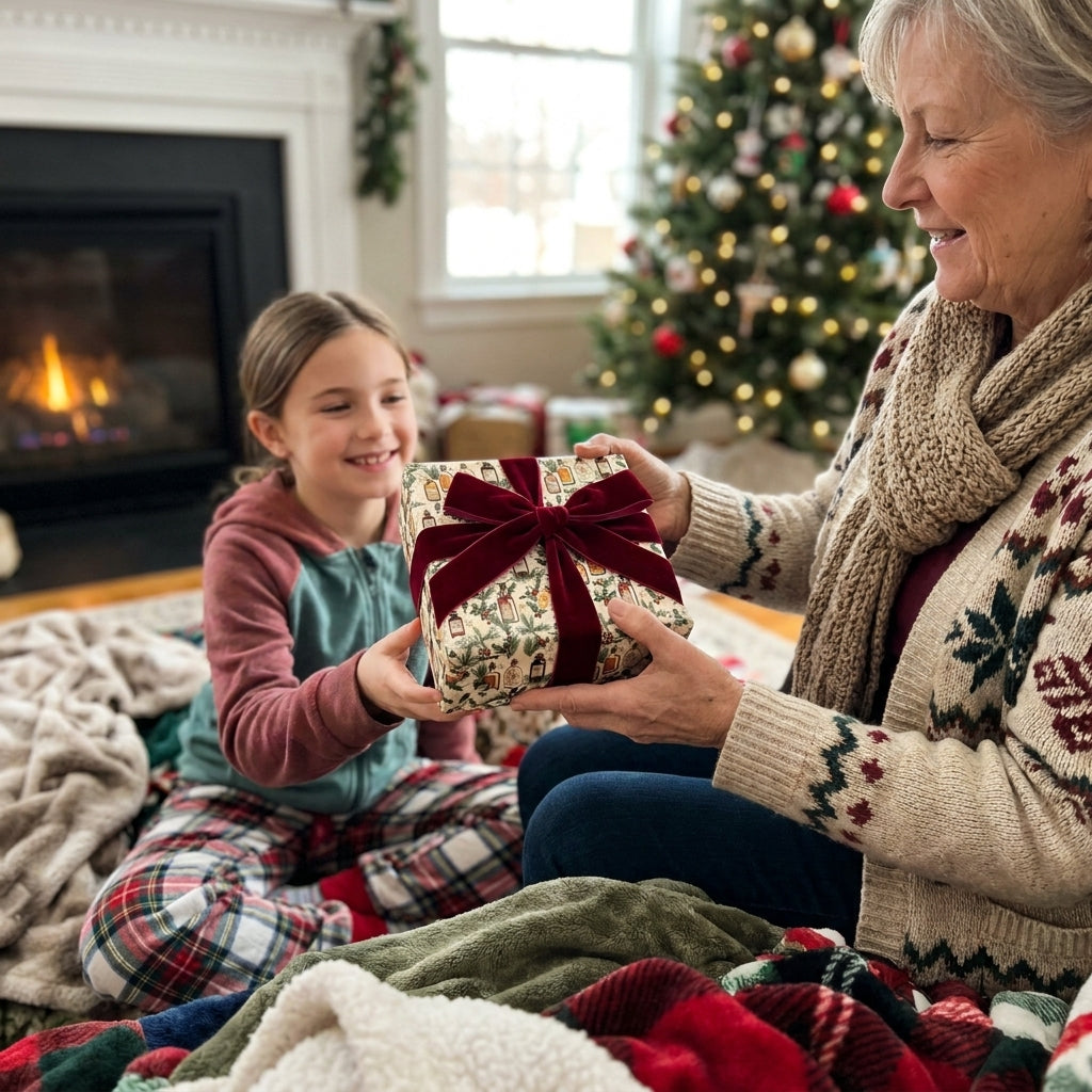 Grandmother giving girl a Christmas gift in vintage floral wrapping paper with velvet bow by Wrapped Studios.