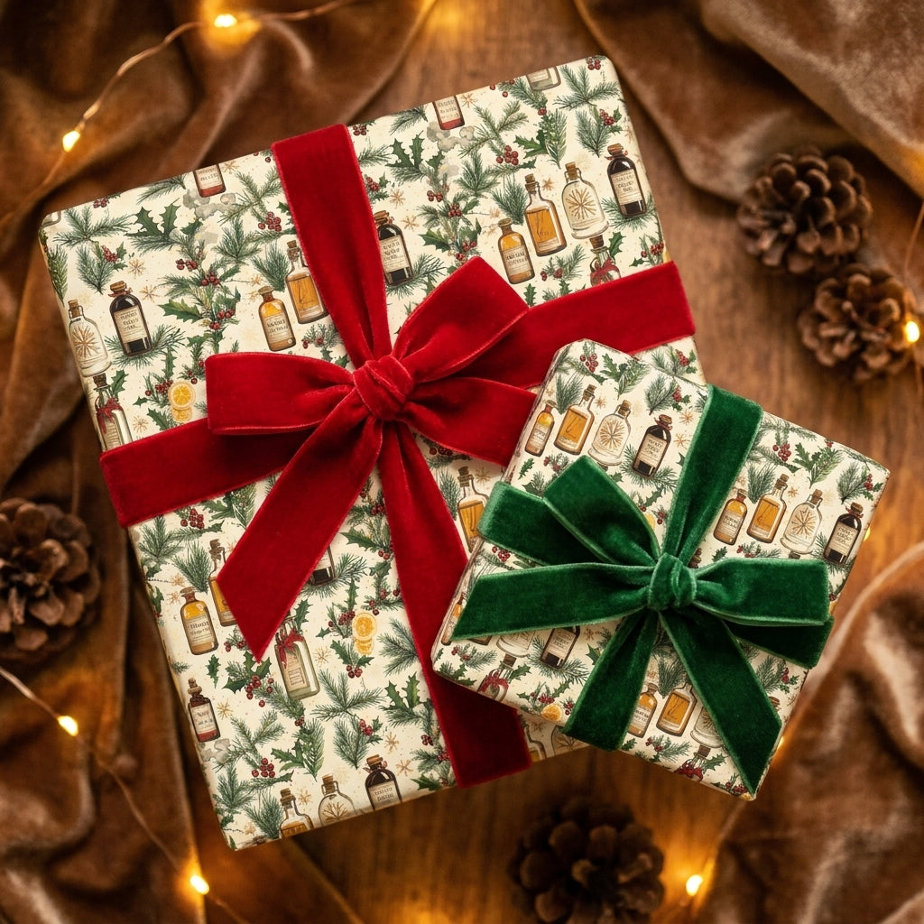 Vintage Christmas gift wrap by Wrapped Studios featuring a vintage apothecary bottle pattern and velvet ribbons.