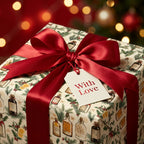 Vintage Christmas gift wrap with apothecary bottle print and red satin bow, Wrapped Studios.