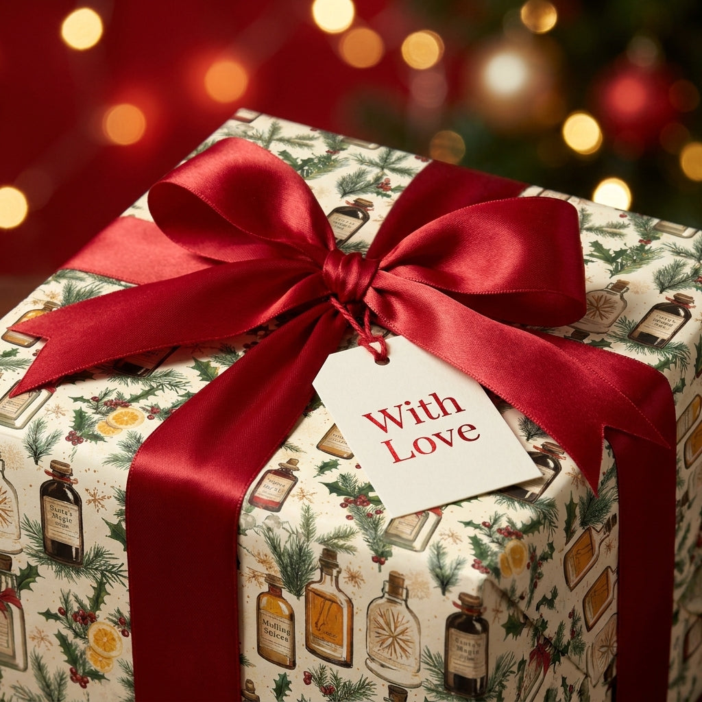 Vintage Christmas gift wrap with apothecary bottle print and red satin bow, Wrapped Studios.