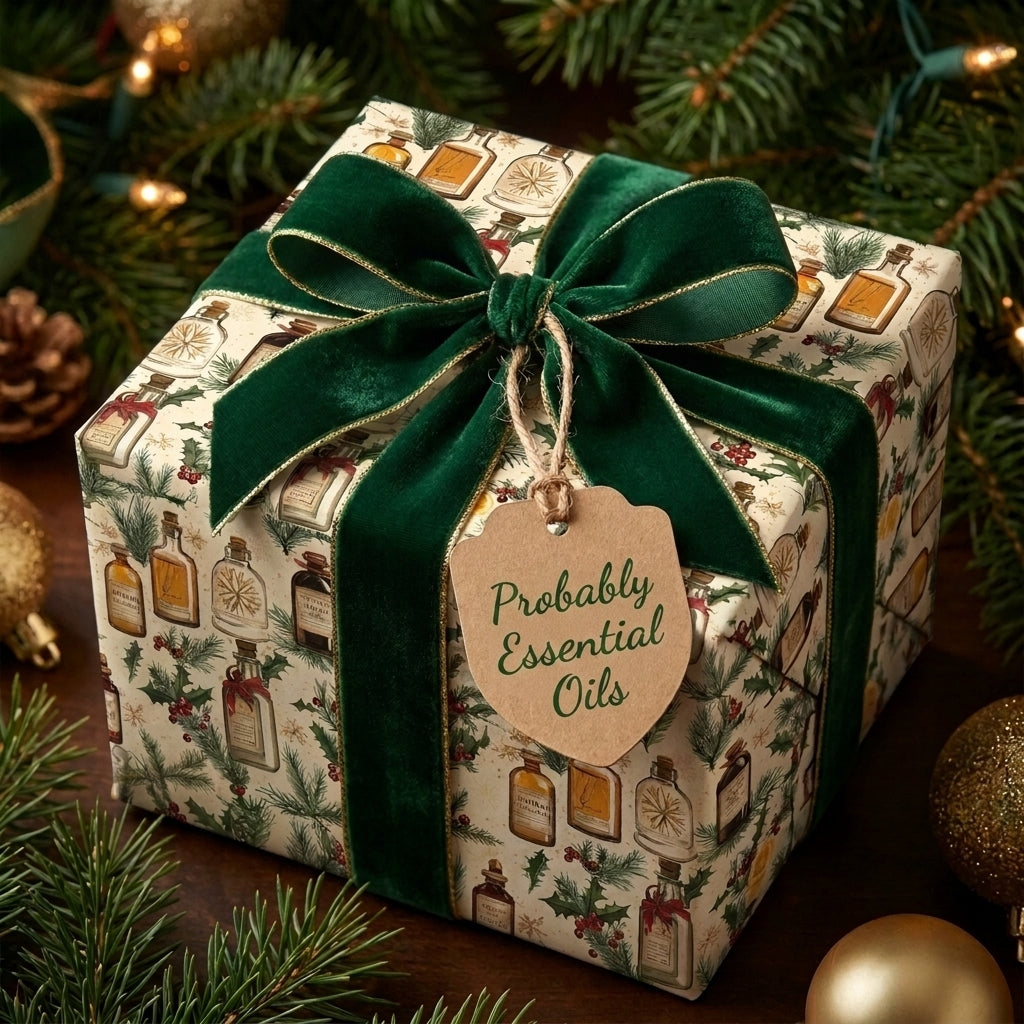 Vintage Christmas gift wrap with apothecary bottles and green velvet ribbon by Wrapped Studios.