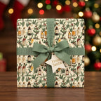 Vintage apothecary Christmas wrapping paper with a sage green ribbon on a gift box by Wrapped Studios.