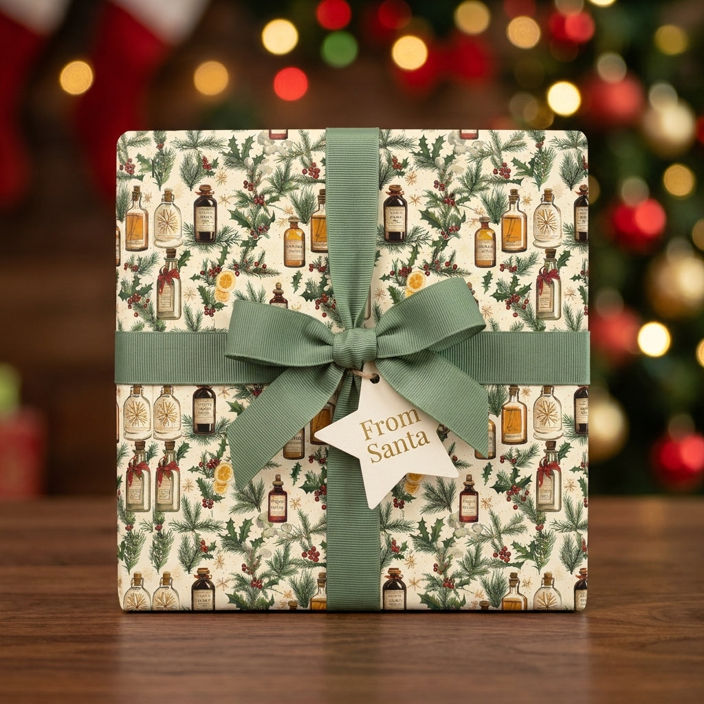 Vintage apothecary Christmas wrapping paper with a sage green ribbon on a gift box by Wrapped Studios.