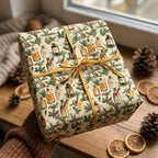 Vintage Christmas wrapping paper with apothecary bottle pattern and gold twine by Wrapped Studios.