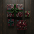 Elegant floral wrapping paper in deep reds and greens, with velvet ribbons, for luxury gift presentation.
