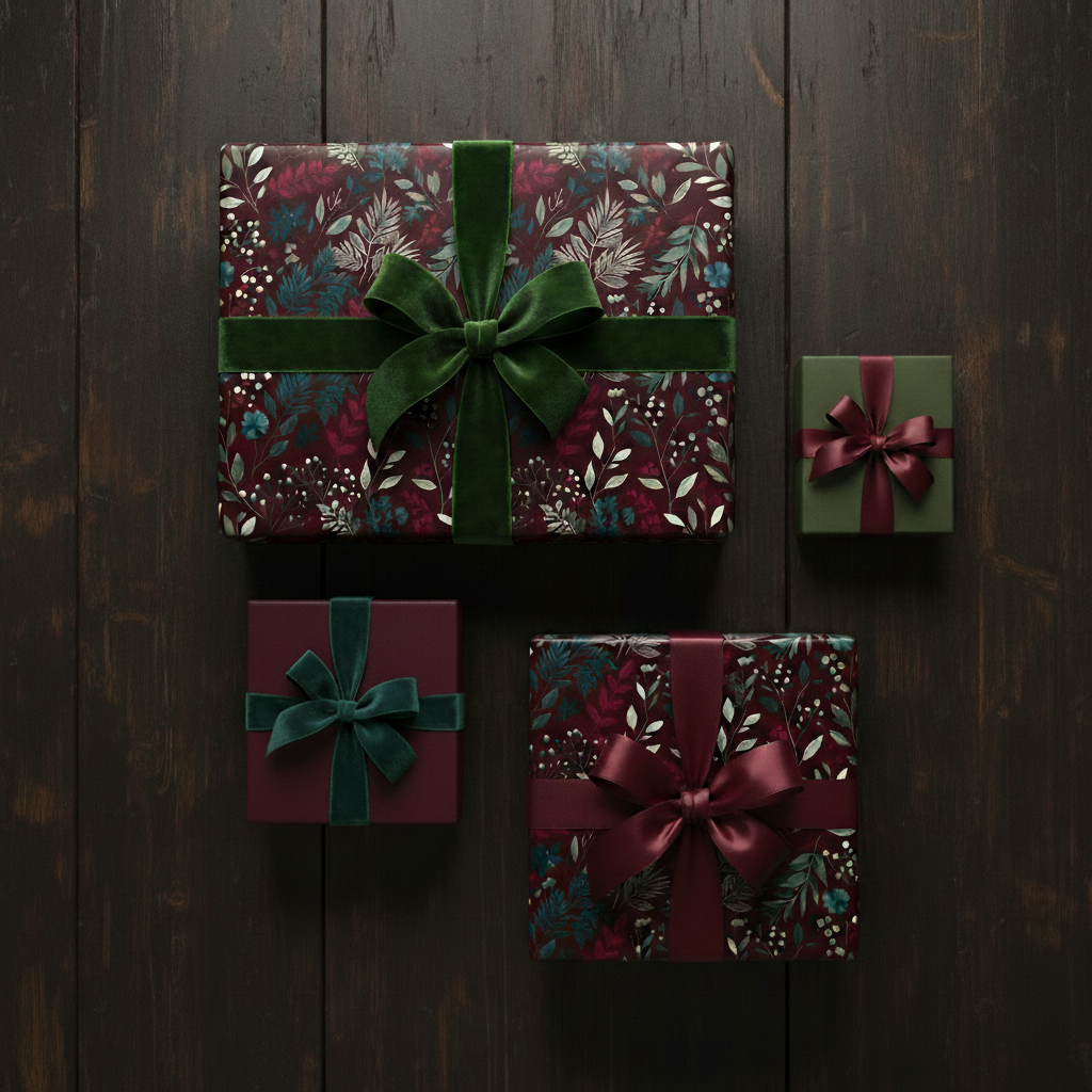 Elegant floral wrapping paper in deep reds and greens, with velvet ribbons, for luxury gift presentation.