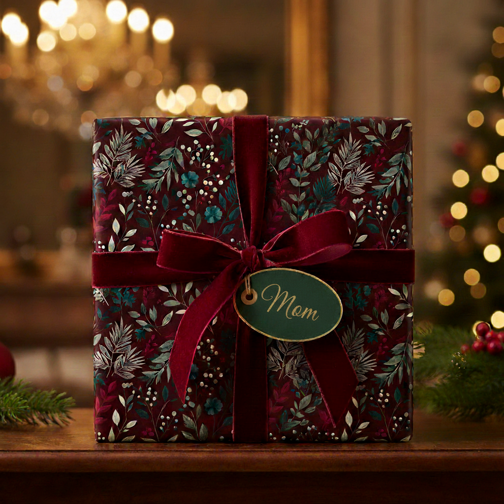Elegant floral wrapping paper on a gift for Mom, with a burgundy velvet ribbon and Christmas tree in background.