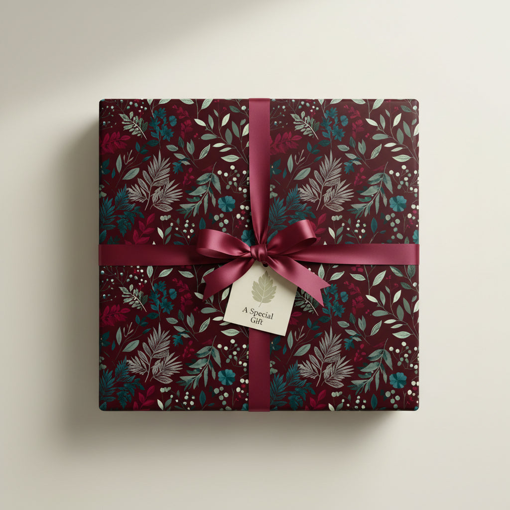 Burgundy floral wrapping paper on square gift box with satin ribbon and "A Special Gift" tag.