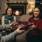 Woman receiving a gift wrapped in floral wrapping paper with a velvet ribbon at Christmas.