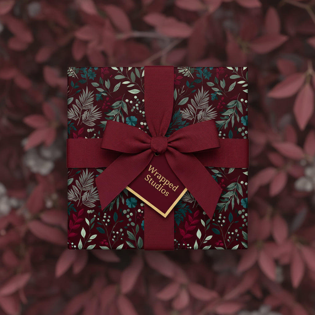 Burgundy floral wrapping paper on a square gift box with a ribbon bow and tag.