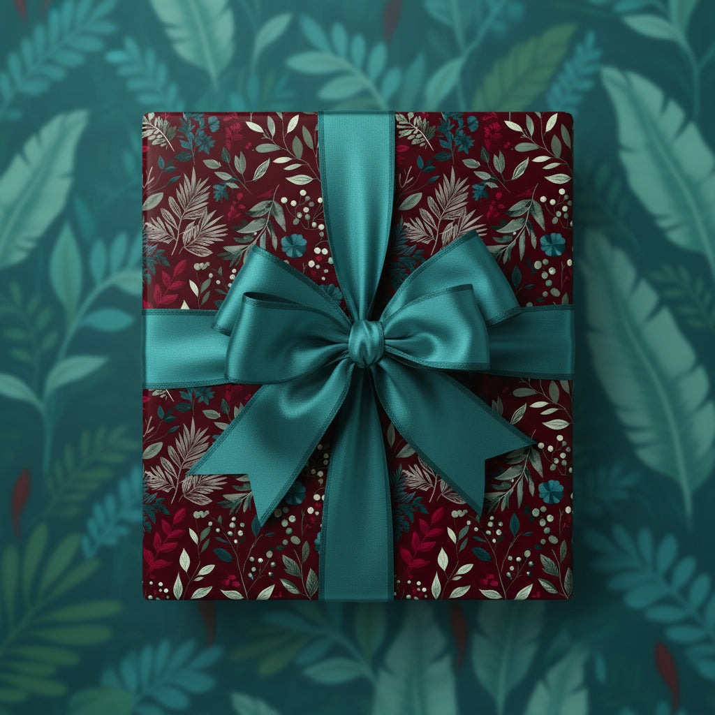 Burgundy floral wrapping paper on gift with teal ribbon bow.