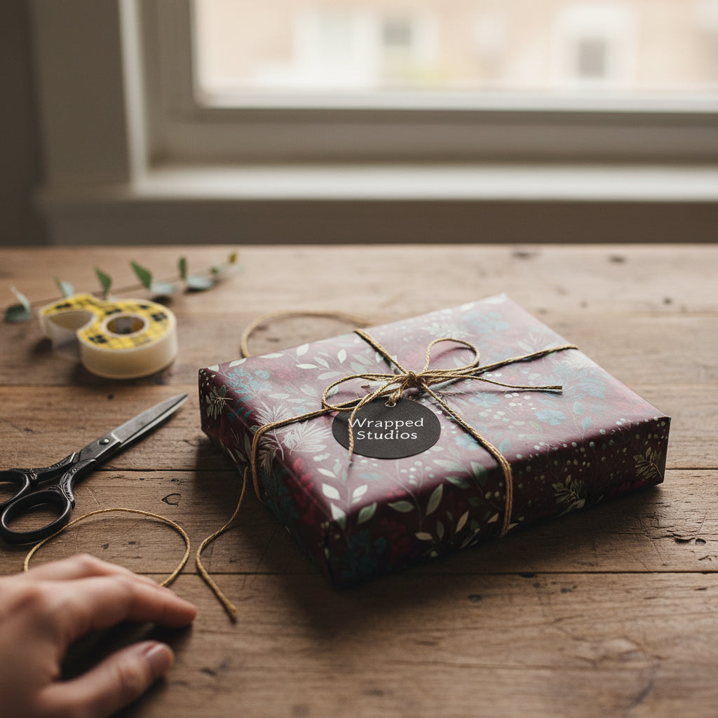 Elegant floral wrapping paper in maroon and teal, tied with twine and a "Wrapped Studios" tag.