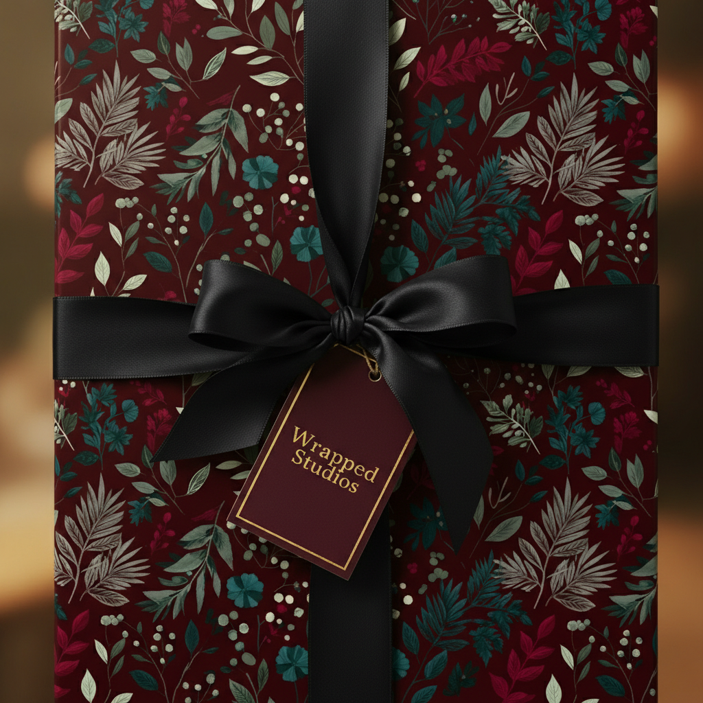 Burgundy floral wrapping paper with black satin ribbon and bow, elegant gift wrap.
