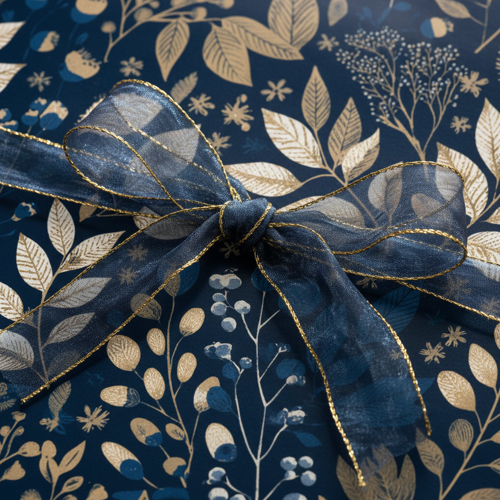 Elegant floral wrapping paper in navy and gold, finished with a sheer blue ribbon.