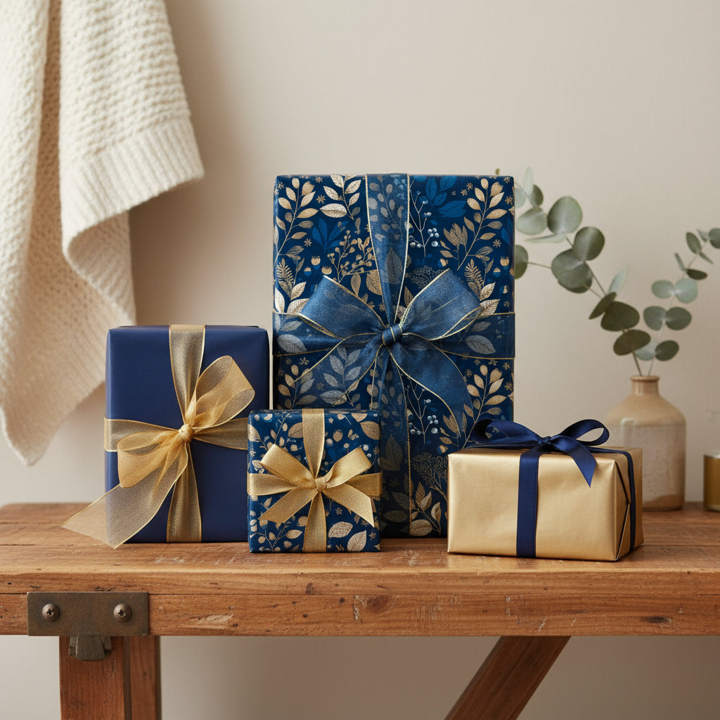 Elegant gifts wrapped in blue and gold floral wrapping paper with satin ribbon on a wooden table.
